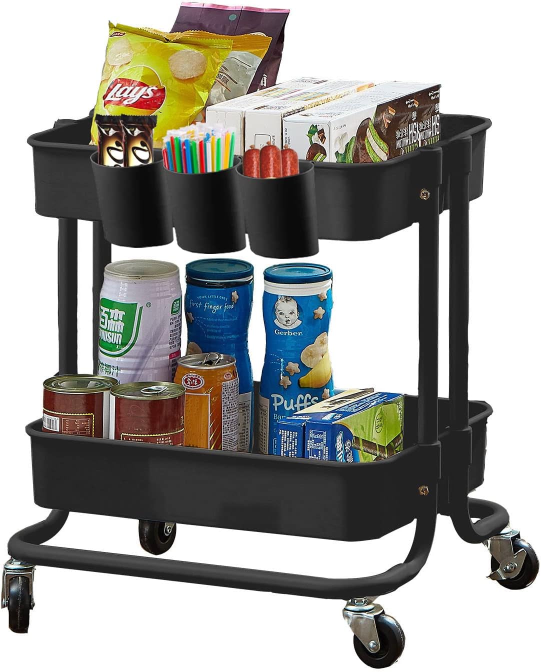 Melody House 2-Tier Utility Rolling Cart Storage Sofa Side Table with Wheels, Mobile Trolley Organizer with for Office Home Kitchen Organization, Black