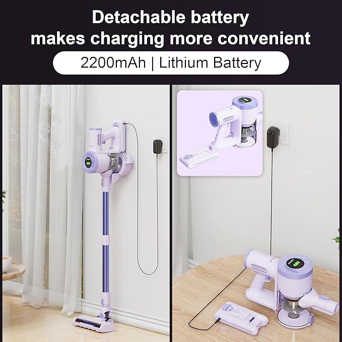 Cordless Stick Vacuum Cleaner, 30KPa Handheld 2200mAh Rechargeable Battery Lightweight Small Vac Electirc Broom, 40Mins Runtime for Home Hard Floor Carpet Pet Hair Cleaning, Purple