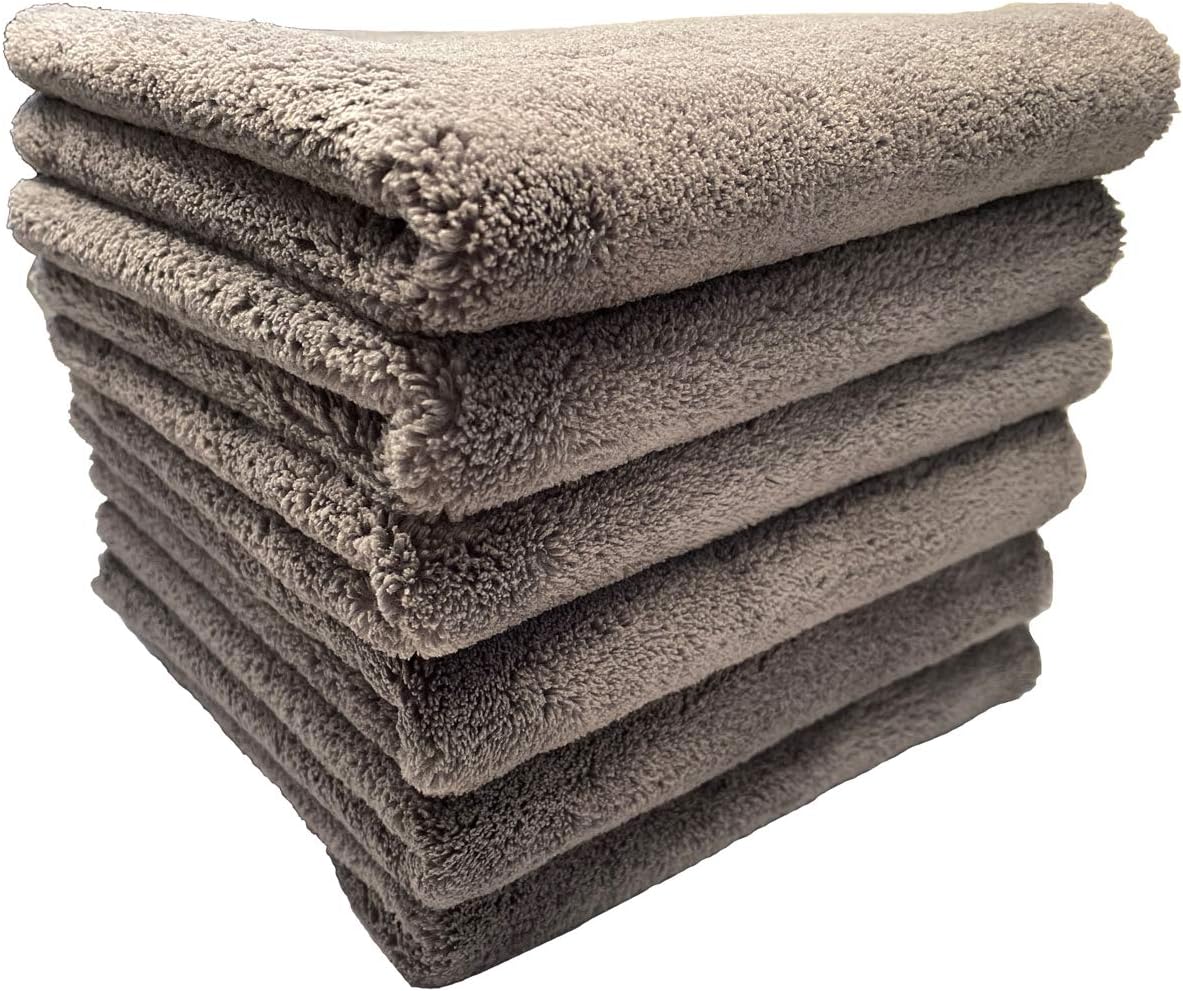 Plush Edgeless Microfiber Towel for Car, Soft Drying Wash Detailing Buffing Polishing Towel, 530 GSM 6Pack 16 x 16inches (Gray, 6Pack)