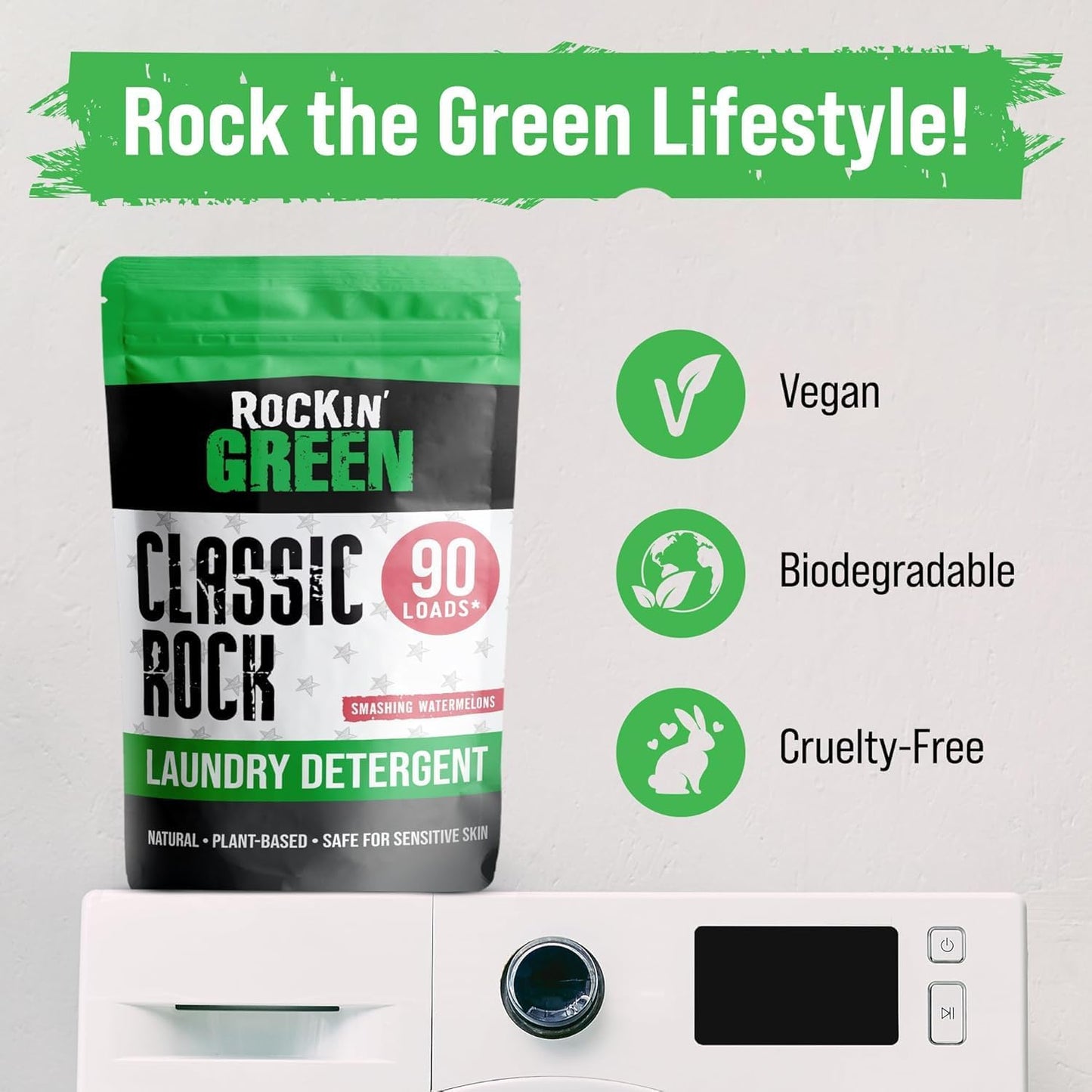 Rockin' Green Classic Rock Laundry Detergent (90 Loads), Plant based, All Natural Laundry Detergent Powder, Vegan and Biodegradable Odor Fighter, Safe for Sensitive Skin, 45 oz (Smashing Watermelons)
