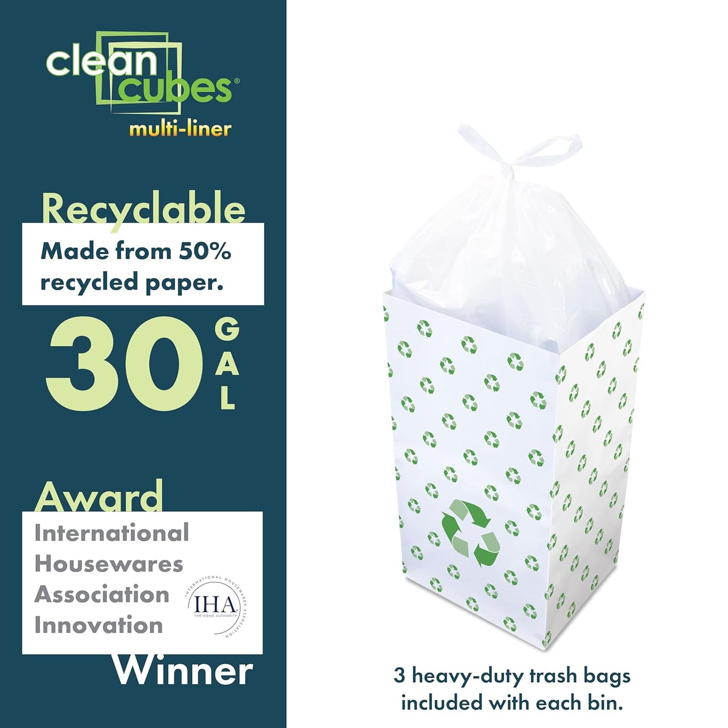 30 Gallon Disposable Pop-Up Trash Cans (3-Pack, Multi-Liner) with Fitted Bags – Foldable Garbage & Recycling Bins for Parties, Events & Kitchen (Recycle 30" H x 14" W x 17" D)