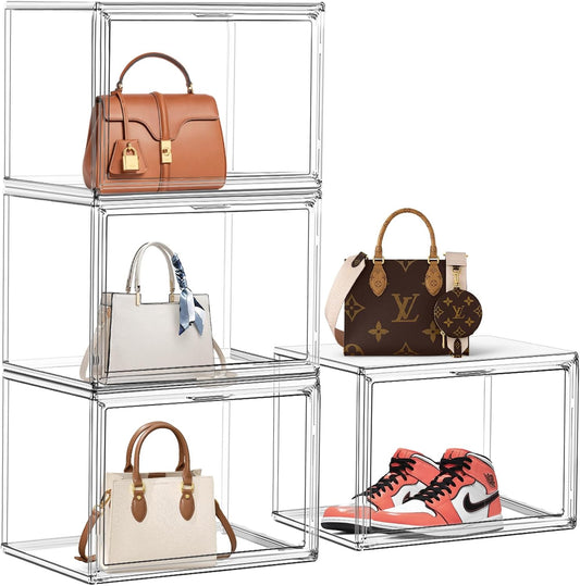 4Pack Clear Shoe Box Organizer, Acrylic Display Cases for Book Cosmetic Figures Collectibles Showcase, X-Large Bag Stackable Plastic Storage Bins with Magnetic Lid