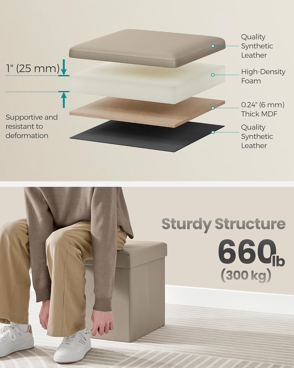 SONGMICS Mazie Collection - 15 Inches Ottoman with Storage, Footstool, Storage Ottoman, Load 660 lb, for Dorm, Living Room, Bedroom, Synthetic Leather, Camel Brown ULSF010K03
