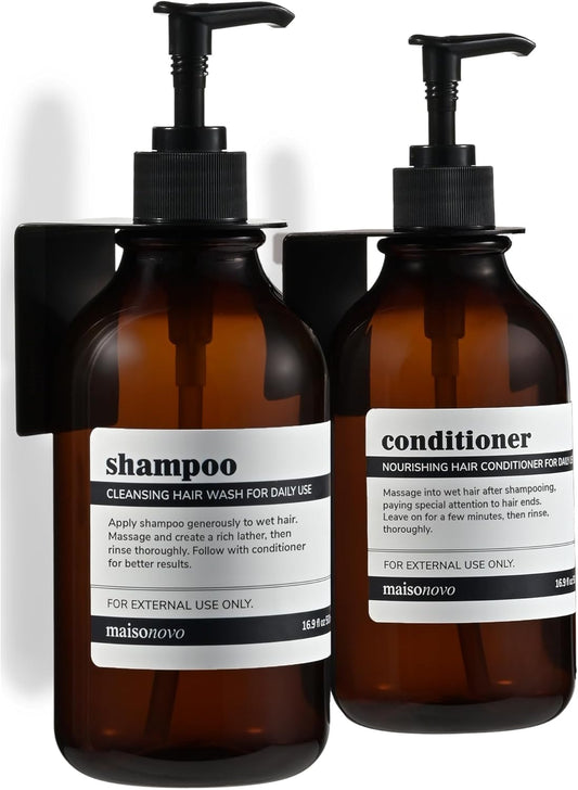 MaisoNovo Shampoo and Conditioner Dispenser - Shower Soap Dispenser Wall Mounted - 16.9 fl oz Set of 2 Amber Plastic Bottles Black Pump - Shampoo Dispenser, Shower Dispenser 2 Chamber No Drill