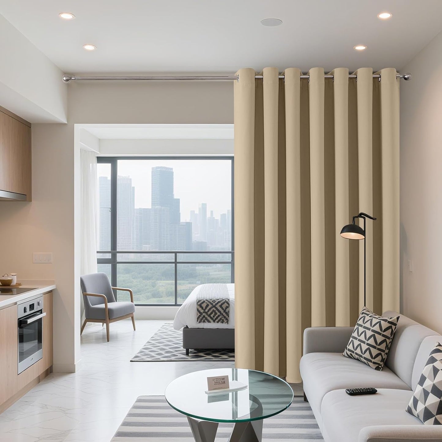 Joydeco Blackout Patio Sliding Door Curtains 90 Inches Long, Grommet Privacy Room Divider Curtains, Extra Wide Thermal Blackout Drapes for Bedroom Living Room (Light Beige, 100Wx90L, 1 Panel)