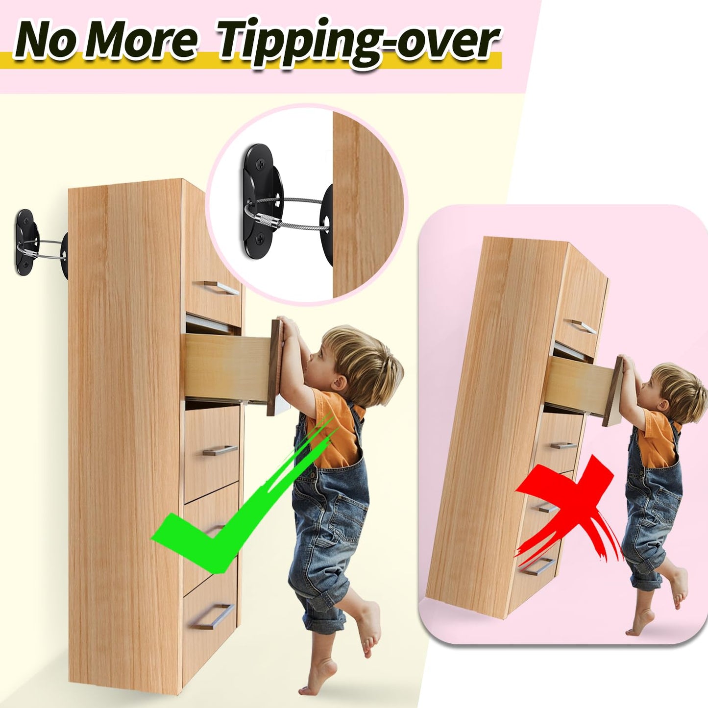 Anti Tip Furniture Anchors (6 Packs) Furniture Anchors for Baby Proofing, Earthquake Straps for Furniture Dresser Wall Safety Anchor Furniture Safety Straps Wall Straps, Black