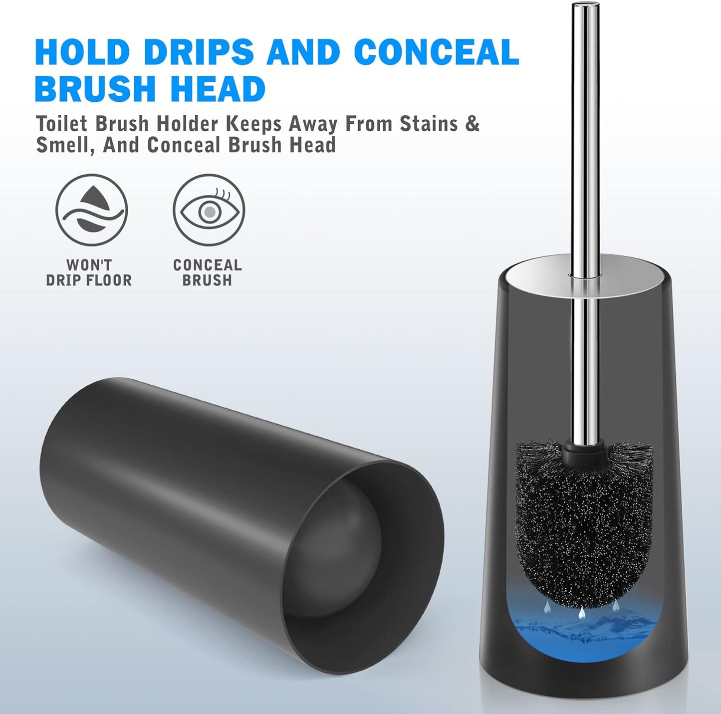 Toilet Brush and Holder, 2 Pack Toilet Brush with 304 Stainless Steel Long Handle, Toilet Bowl Brush for Bathroom Toilet-Ergonomic, Elegant,Durable (Black)