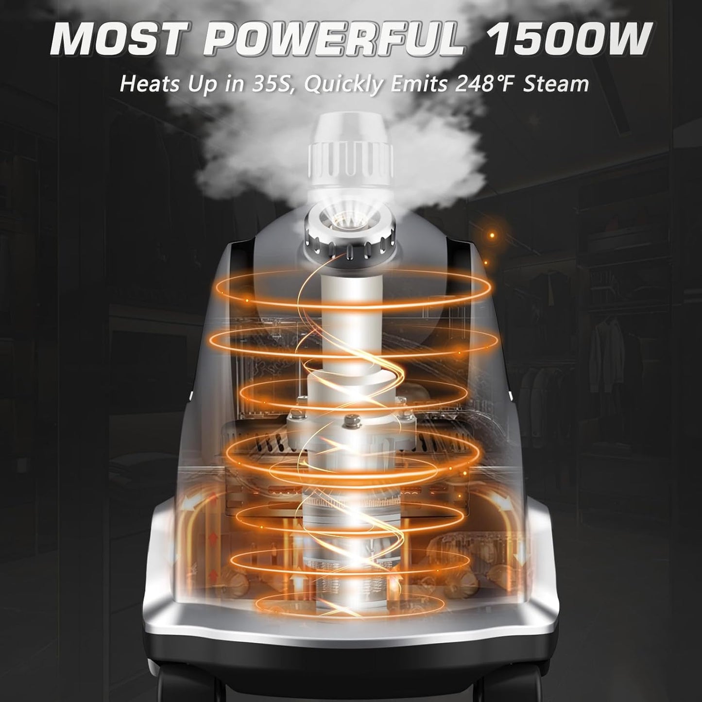 Anthter Steamer for Clothes, 1500W Powerful Standing Garment Steamer with Roll Wheels, 2.4L Water Tank for 90 Mins Continuous Steaming, 35s Fast Heat-up (Silver)