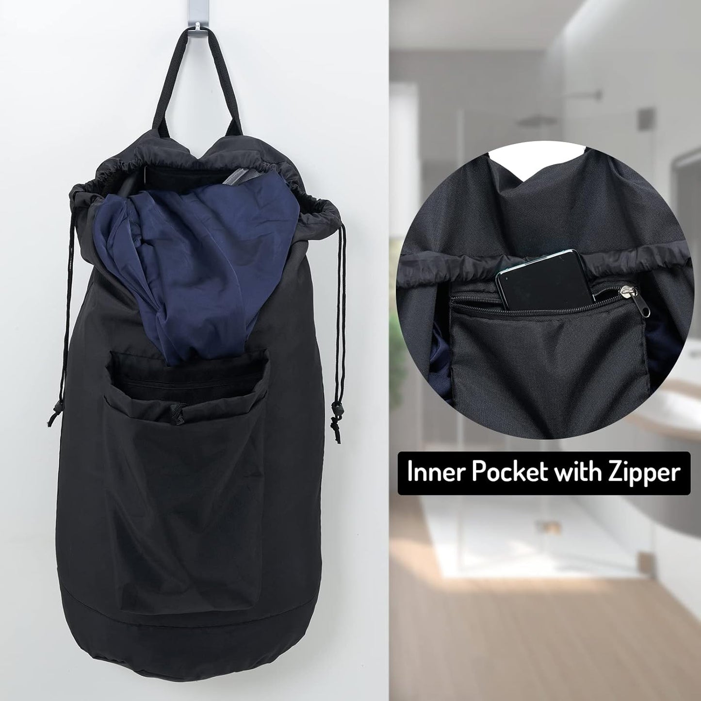 Laundry Backpack Bag, Dirty Clothes Travel Laundry Bag with Shoulder Straps for College Dorm Room (Black)