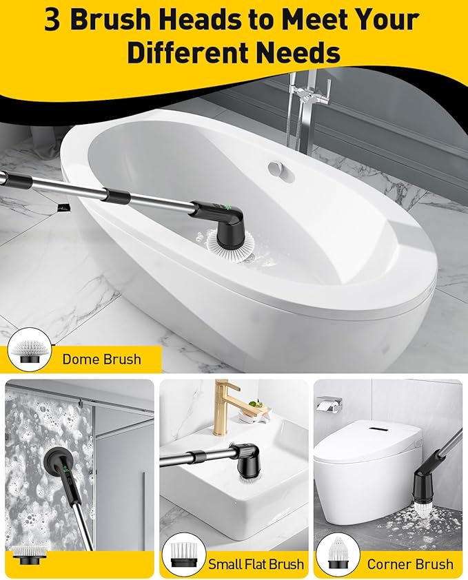 Electric Spin Scrubber for Cleaning Bathroom, Shower Scrubber Cordless Cleaning Brush with IPX7 Waterproof & 2 Speed, 3 Brush Heads, Bathroom Cleaning Supplies for Toilet Shower Tub Black
