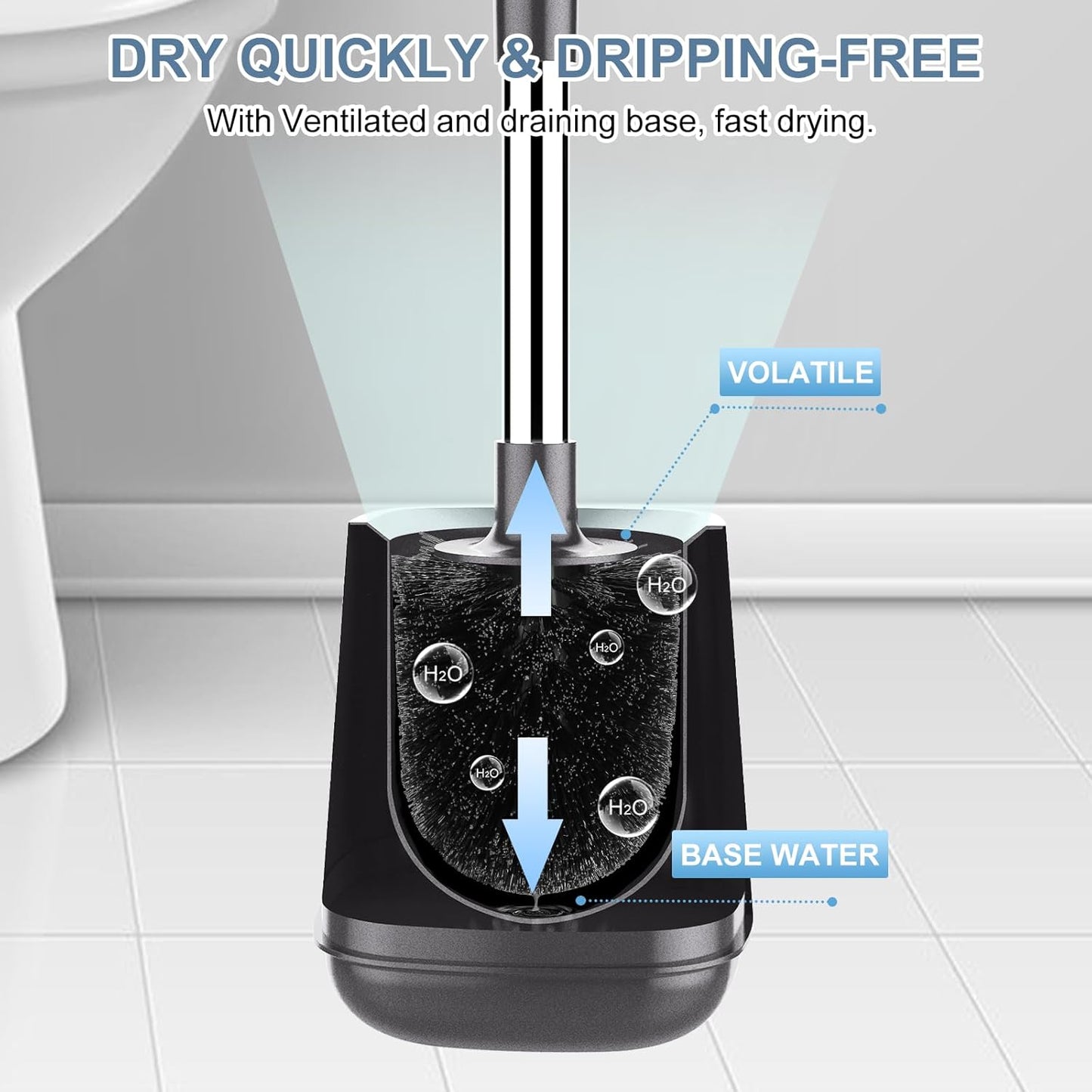 SetSail Toilet Brush and Holder 4 Pack, Self Closing Lid Toilet Bowl Brushes Holder Extra Long Handle Ventilated Toilet Brush Set for Bathroom Cleaning, Nylon Bristles, Grey