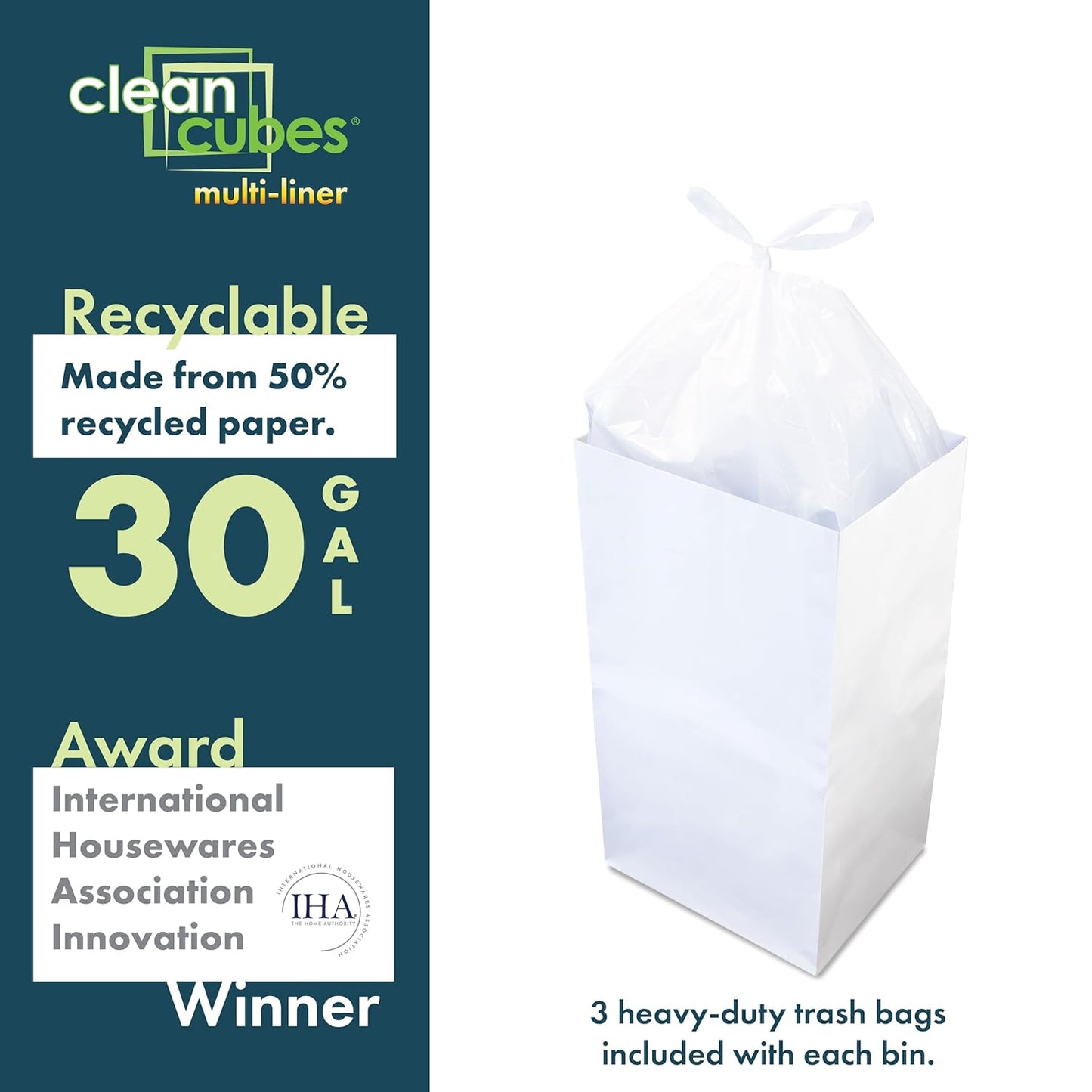 30 Gallon Disposable Pop-Up Trash Cans (3-Pack, Multi-Liner) with Fitted Bags – Foldable Garbage & Recycling Bins for Parties, Events & Kitchen (White 30" H x 14" W x 17" D)