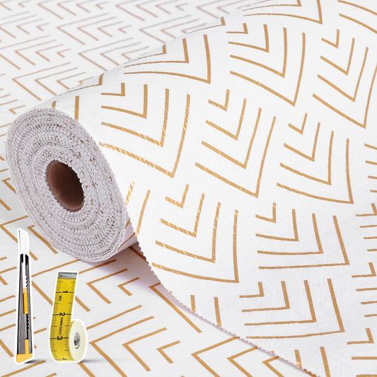 Shelf Liner for Kitchen Cabinets Non Adhesive Drawer Liner Non-Slip Thickened Shelf Liner Paper Strong Easy to Clean for Tool Box Refrigerator with Knife and Tape Measure, Gold Arrow, 23.6 x 236.2 in