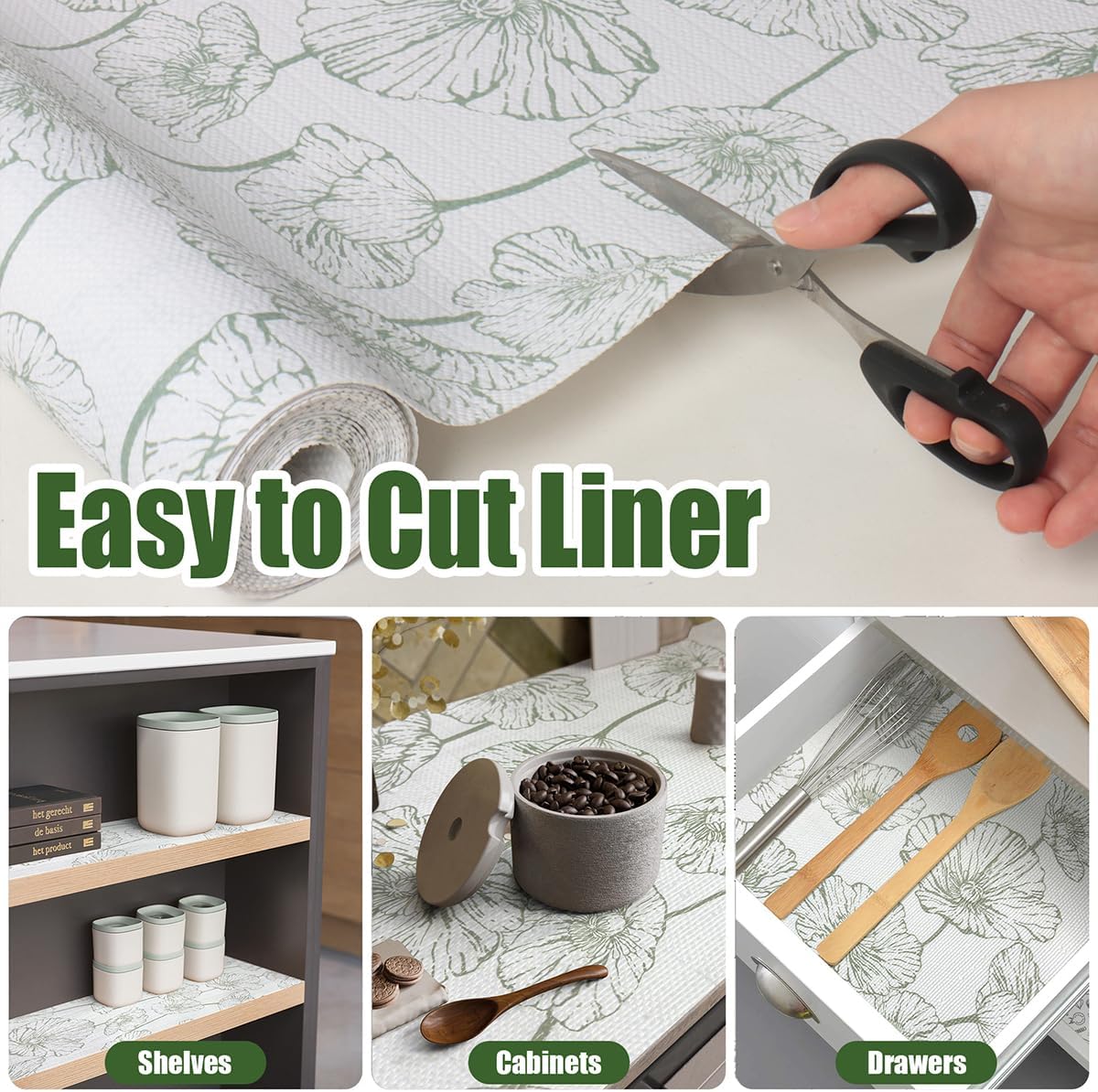 Shelf Liner for Kitchen Cabinets Non Adhesive Kitchen Drawer Liner,Non-Slip Lotus Cabinet Liner Shelf Paper,Pantry Shelf Liners for Cabinets Dresser Cupboard Liner Decorative 23.6In x 10FT