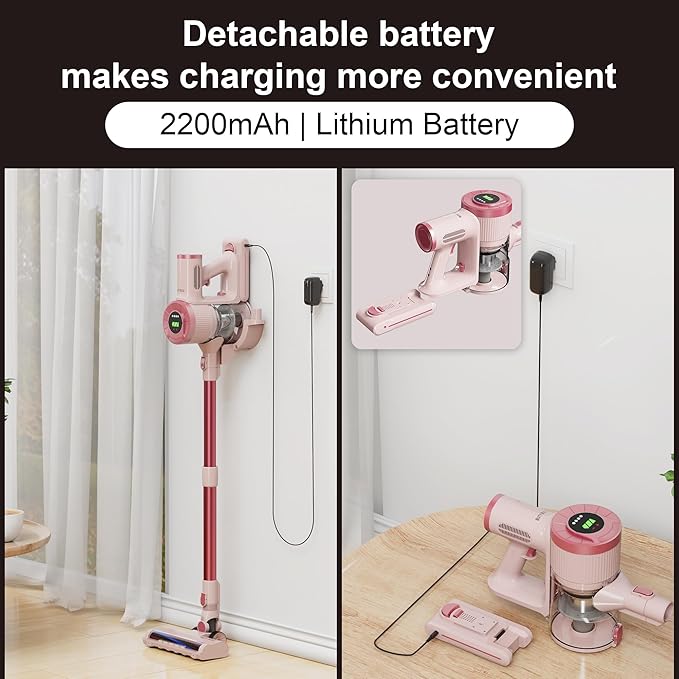 Cordless Stick Vacuum Cleaner, 30KPa Handheld Rechargeable Battery Lightweight Small Pink Vac Electirc Broom, 40Mins Runtime for Home Hard Floor Carpet Pet Hair Cleaning, LED Screen