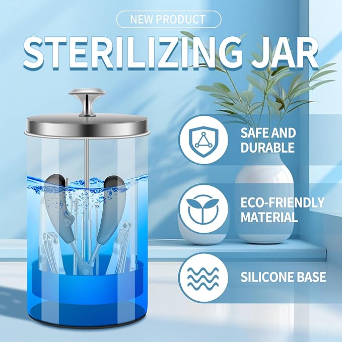 Nail Tool Disinfectant Jar - 21Oz Glass Sterilizer with Removable Strainer Tray - for Manicure & Barber Supplies Storage and Organization Disinfectant Jar