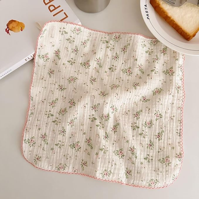 BuLuTu 4 Pack Sweet Floral Kitchen Dishcloths Dish Towels Reusable Cleaning Cloths Cotton Muslin Tea Towel, Super Absorbent Multi-Purpose Wash Clothes Hand Towels, 11x11 Inches
