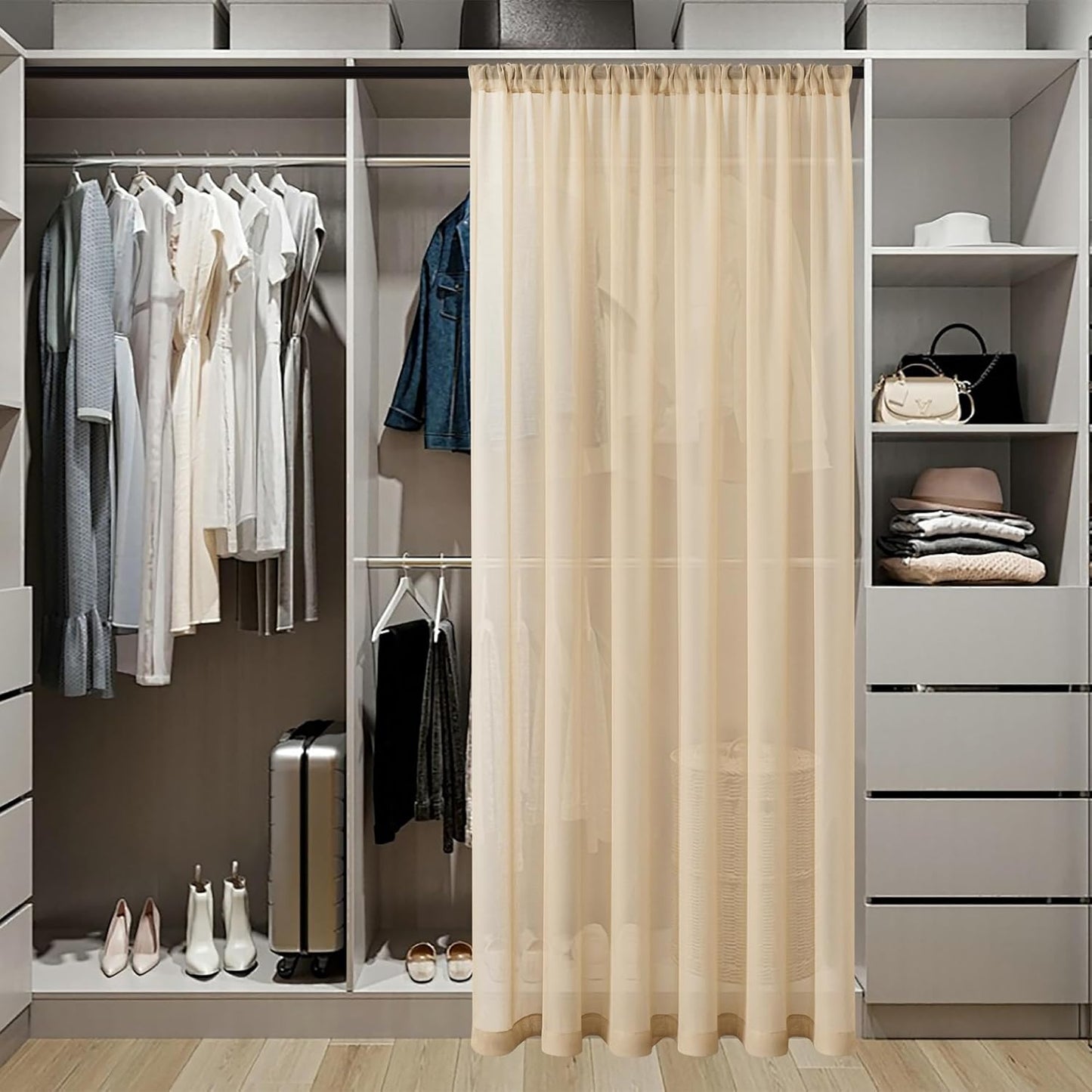 Tollpiz Sheer Door Curtains Closet Linen Textured Curtain Sheers Doorway Light Filtering Voile French Door Rod Pocket Curtains Patio Glass Door, 54 x 63 inches Long, Beige, Set of 1 Panel