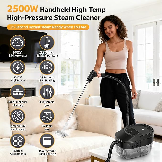 Pressurized Steam Cleaner, 54oz Large Tank, Portable Steamer for Cleaning with 15-Piece Kit, 15s Fast Heat-Up, 3-Level Control, Handheld Steam Cleaner for Home, Car, Kitchen, Tile, Grout(black)