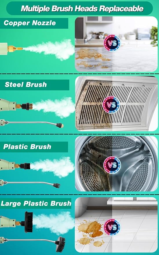 Steam Cleaner, 2500W High Pressure Handheld Steamer, 6-gears adjustable, Portable Steam Cleaning Machine with 6 Brushes, Cleaning for Home Use, Kitchen, Bathroom,Hard Surface,Car Detailing (Green)