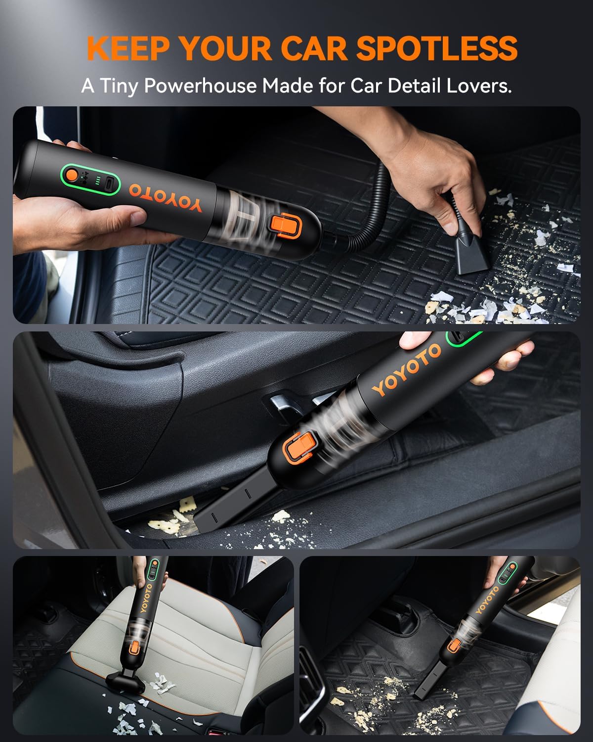 Car Vacuum, Handheld Vacuum Cordless with 21000Pa Powerful Suction & 3 Modes, 4-in-1 Portable Hand Held Mini Vacuum Cleaner Rechargeable, Ultra Light for Car Home Office (Black)