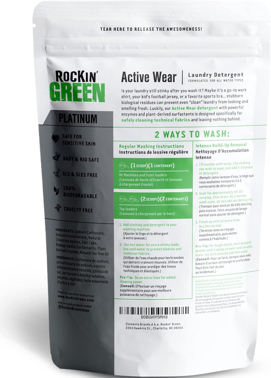 Rockin' Green Laundry Detergent, Plant based, All Natural Laundry Detergent Powder, Vegan and Biodegradable Odor Fighter, Safe for Sensitive Skin (Active Wear 120 Loads - Unscented)