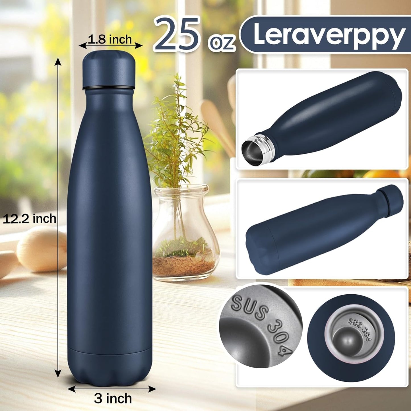 25oz Cola-Bottle Shaped Stainless Steel Leak-proof Water Bottle,Double Wall Vacuum Insulated Metal,Travel Mug For Sports Indoors & Outdoors,BPA-Free School Kids Flasks,Navy(2 Pack)