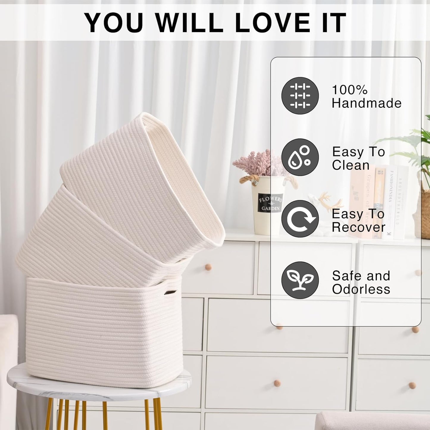 Storage Baskets for Organizing Shelves, Woven Cotton Rope Bins for Baby Nursery Organization, Book Toy Towel Organizer, 15"x11"x9.5", 3 Packs, Off White