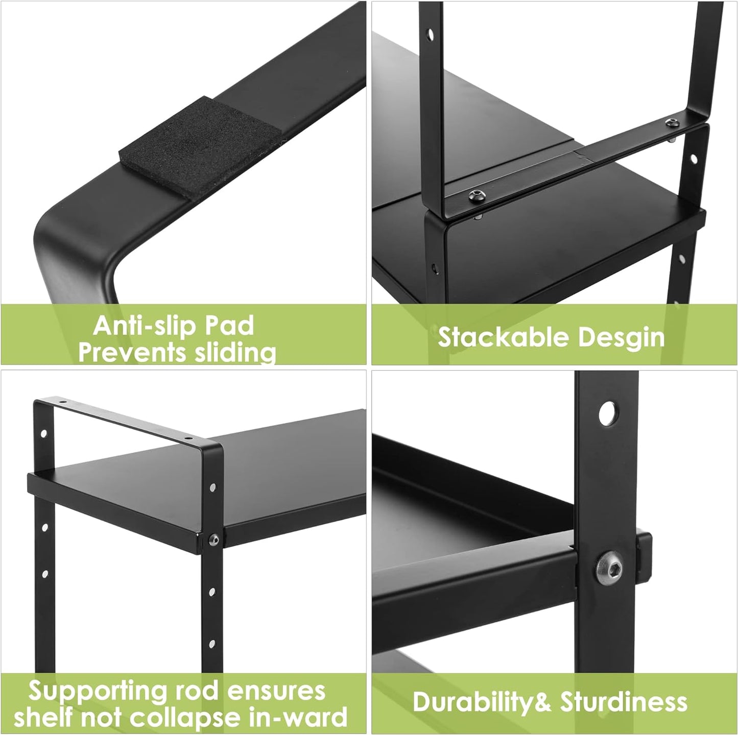 Expandable Cabinet Shelf Organizer Rack, Stackable Kitchen Countertop Organizer Storage Shelves, Adjustable Height Pantry Counter Shelf Riser Spice Rack (Black, 2 Pack)