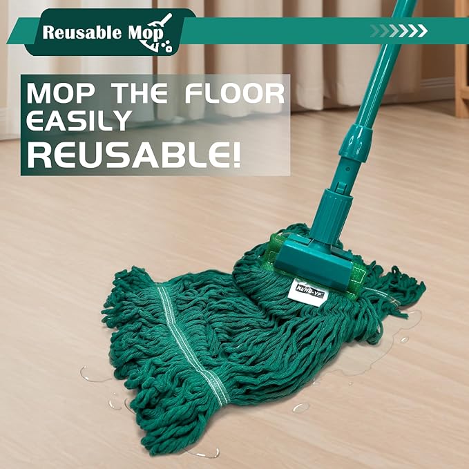 Heavy Duty Wet Industrial Cleaning Mop Head – 21 oz Green mop Head Replacement Cotton Washable Industrial mop Heads Heavy Duty for Commercial & Home Cleaning（Green）