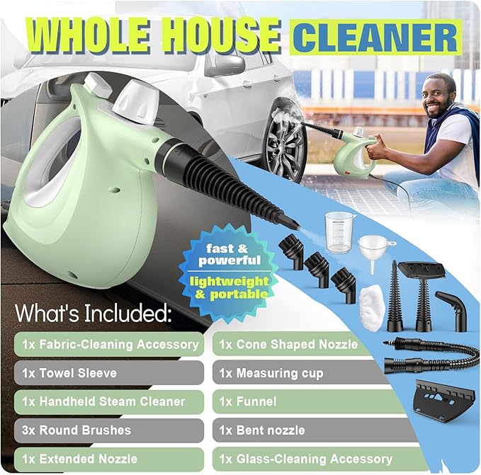 1200W Handheld Steam Cleaner for Home, Powerful Natural Multi‑Surface Steam Cleaner with 11 Accessories, 11.8oz Pressurized Steamer for Deep Cleaning Tile, Grout, Showers, Bathrooms, Kitchens & Car