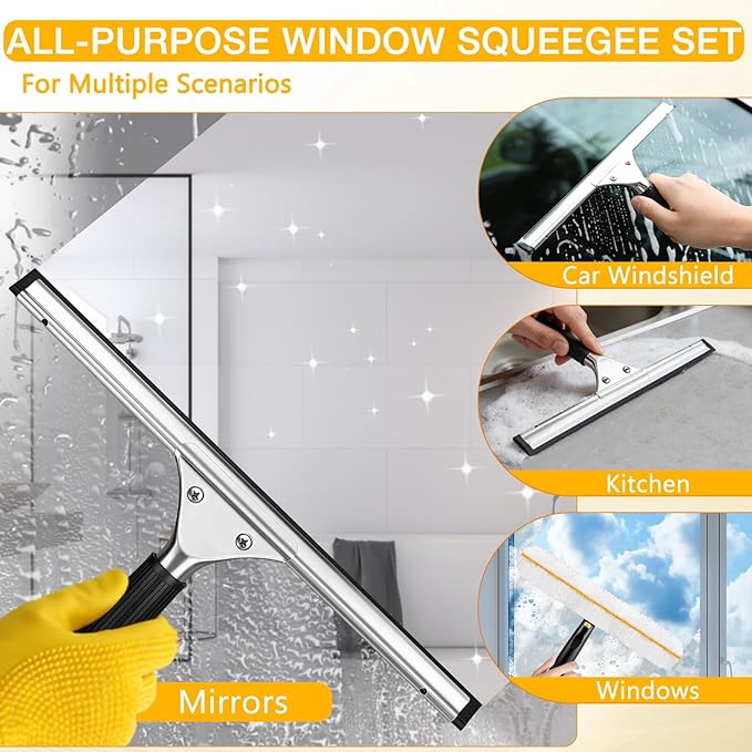 Professional Window Cleaning Squeegee Kit- 14" Squeegee & Microfiber Rotatable Window Scrubber,All-Purpose Tile Shower Walls Window Glass Car Windshield Mirrors,Reusable Microfiber Sleeve