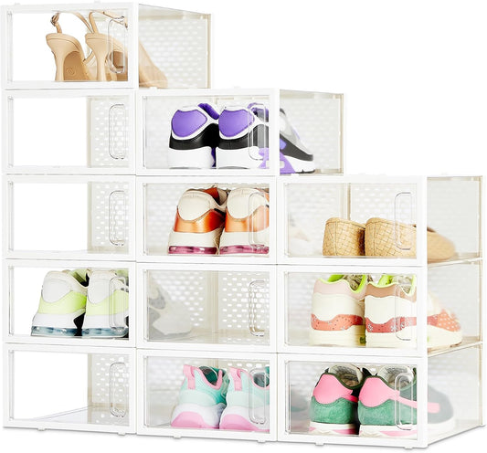 Amazon Basics Stackable and Foldable Clear Shoe Storage Organizer Box, Small, Pack of 12
