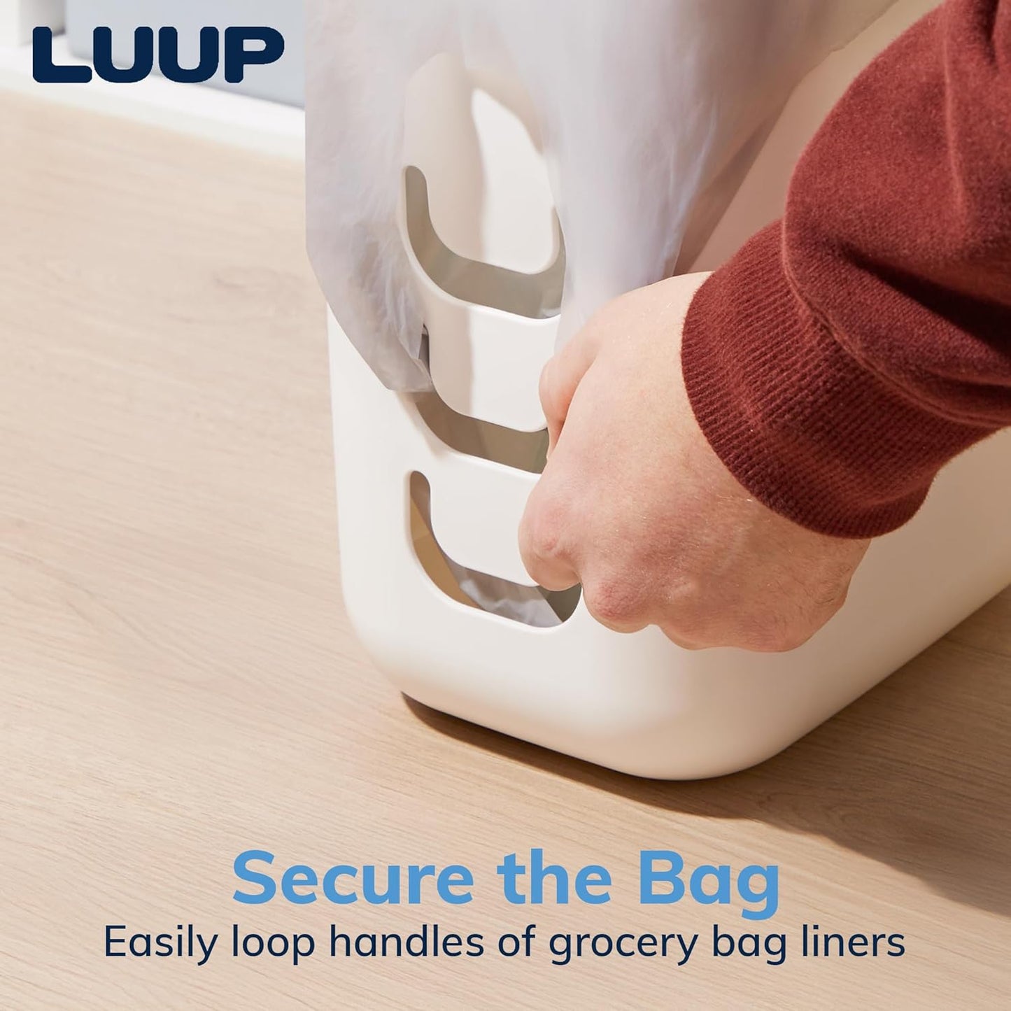 STORi Luup Bathroom Wastebasket, Secure Grocery Bags, Plastic Garbage Container for Vanity, Laundry Room, Kitchen, Office, 2.5 Gallon, White, Made in USA
