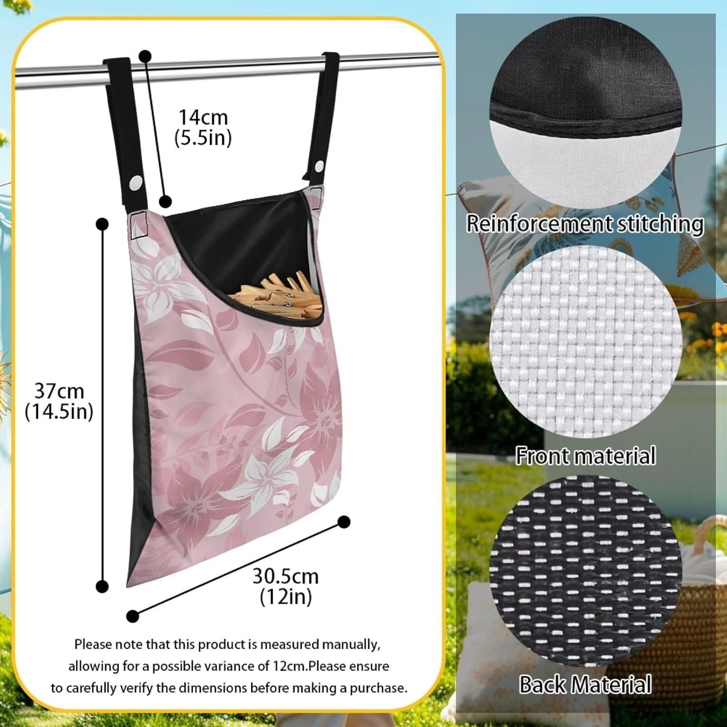 Reinforced Outdoor Clothespin Storage - Minimalist Pink Flower Print Windproof Hanging Bag with Large Opening - Weather Resistant Design for Year-Round Clothesline Use 14.5x12in