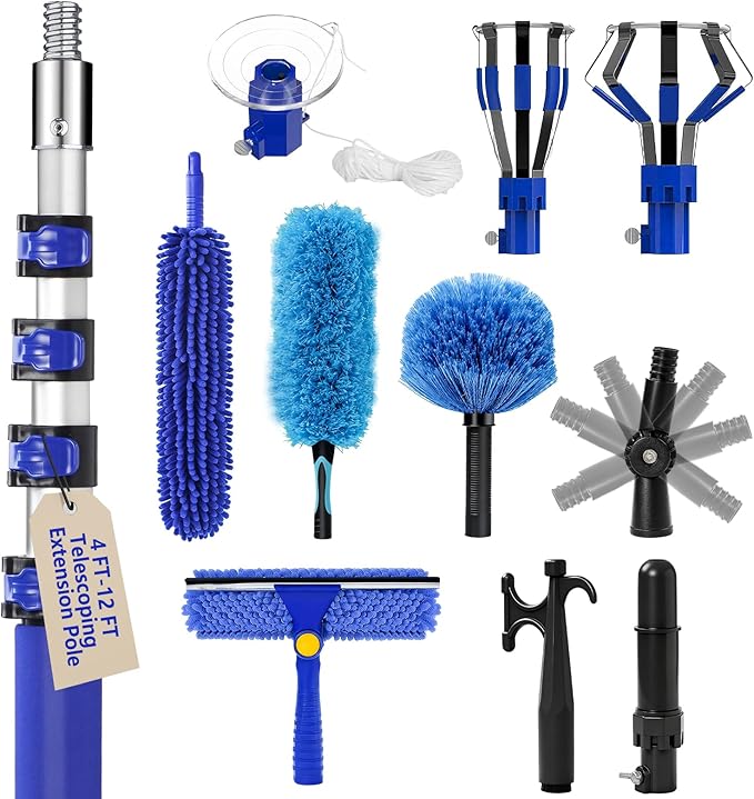 20FT Light Bulb Changer for High Ceilings with 5-12FT Heavy Duty Extension Pole,High Ceiling Fan Duster Extendable Reusable Cobweb,Feather,Window Cleaning Squeegee Kit for Home & House,Interior Roof