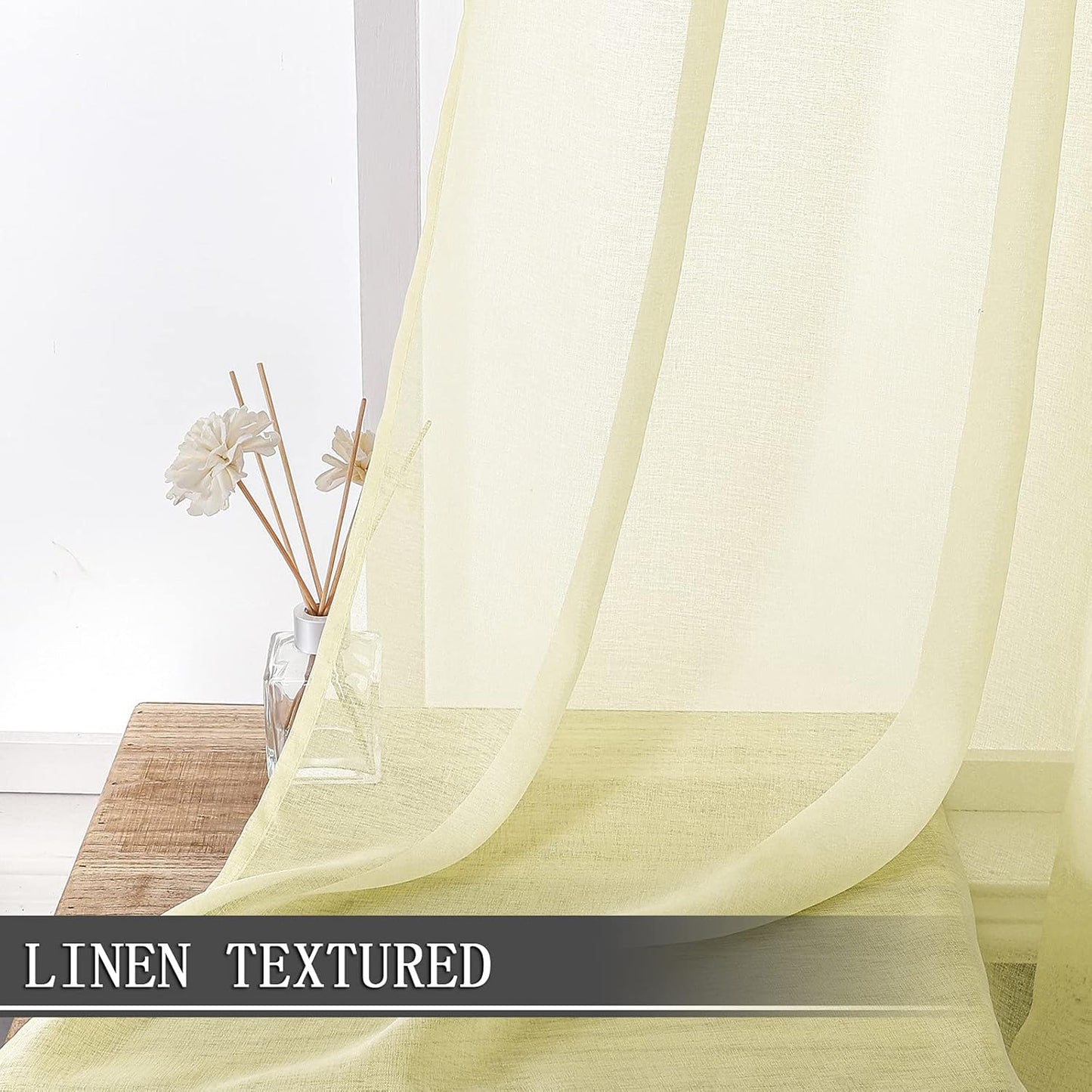 Tollpiz Sheer Curtains Linen Textured Living Room Curtain Sheers Light Filtering Rod Pocket Voile Curtains for Bedroom, 42 x 63 inches Long, Transparent Yellow, Set of 2 Panels