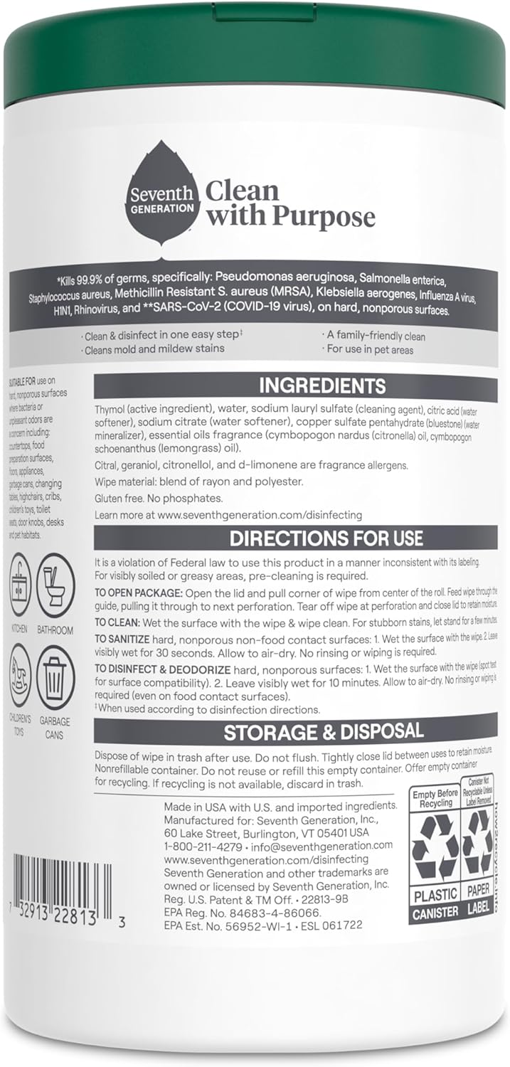 Seventh Generation Disinfecting Multi Surface Wipes, Botanical Disinfectant, 70 Count, Pack of 6