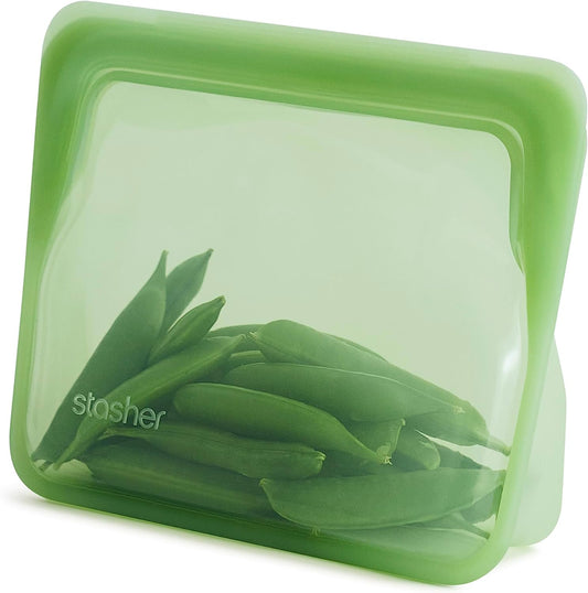 Stasher Premium Silicone Reusable Food Storage Stand-Up Mini Bag, Green, Microwave, Sous Vide, Dishwasher, Oven and Freezer Safe, BPA Free, Leak-free, Eco-friendly, 28 Oz