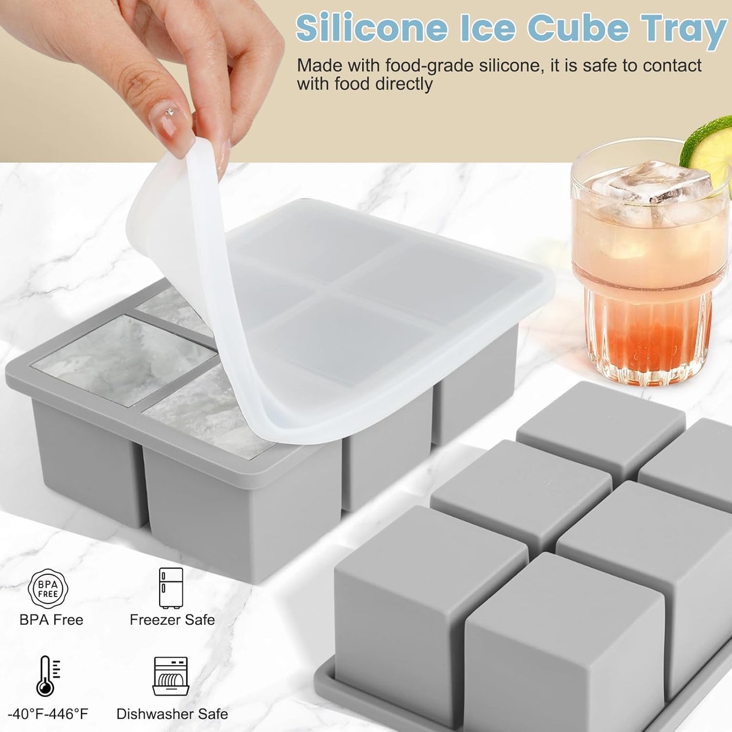 Large Silicone Ice Cube Tray 3Pack, SAWNZC Big Square Ice Cube Molds for Whisky Cocktail, Ice Maker Tray with Lid for Freezer, Easy Release (3, Blue+Grey+Yellow)