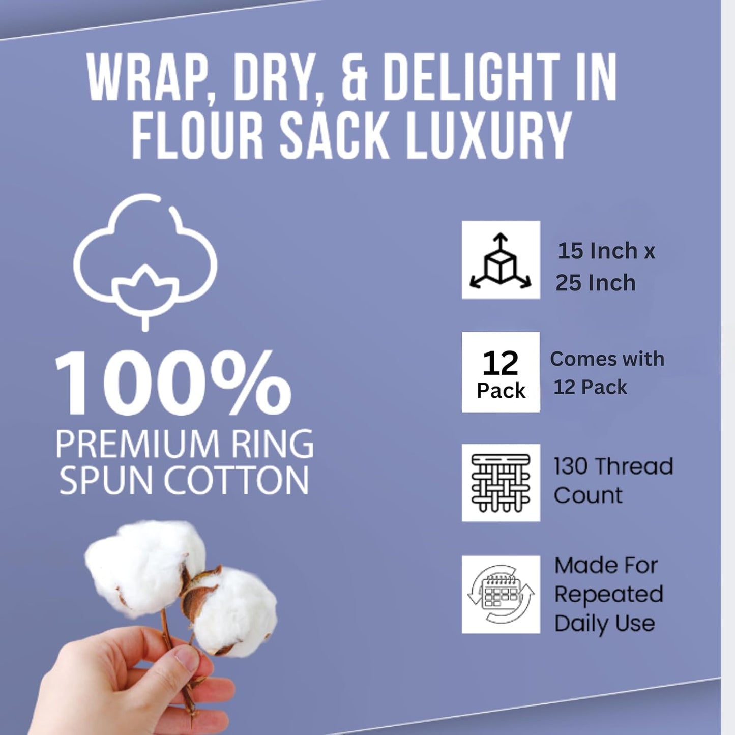 WHITEWRAP Flour Sack Towels| Tea Towel for Crafts| Kitchen Dish Cotton Blank Towel for Embroidery|Baking Bread Proofing Linen Cover| Thick Absorbent Quick Dry|12 Pack 15"x25" Natural