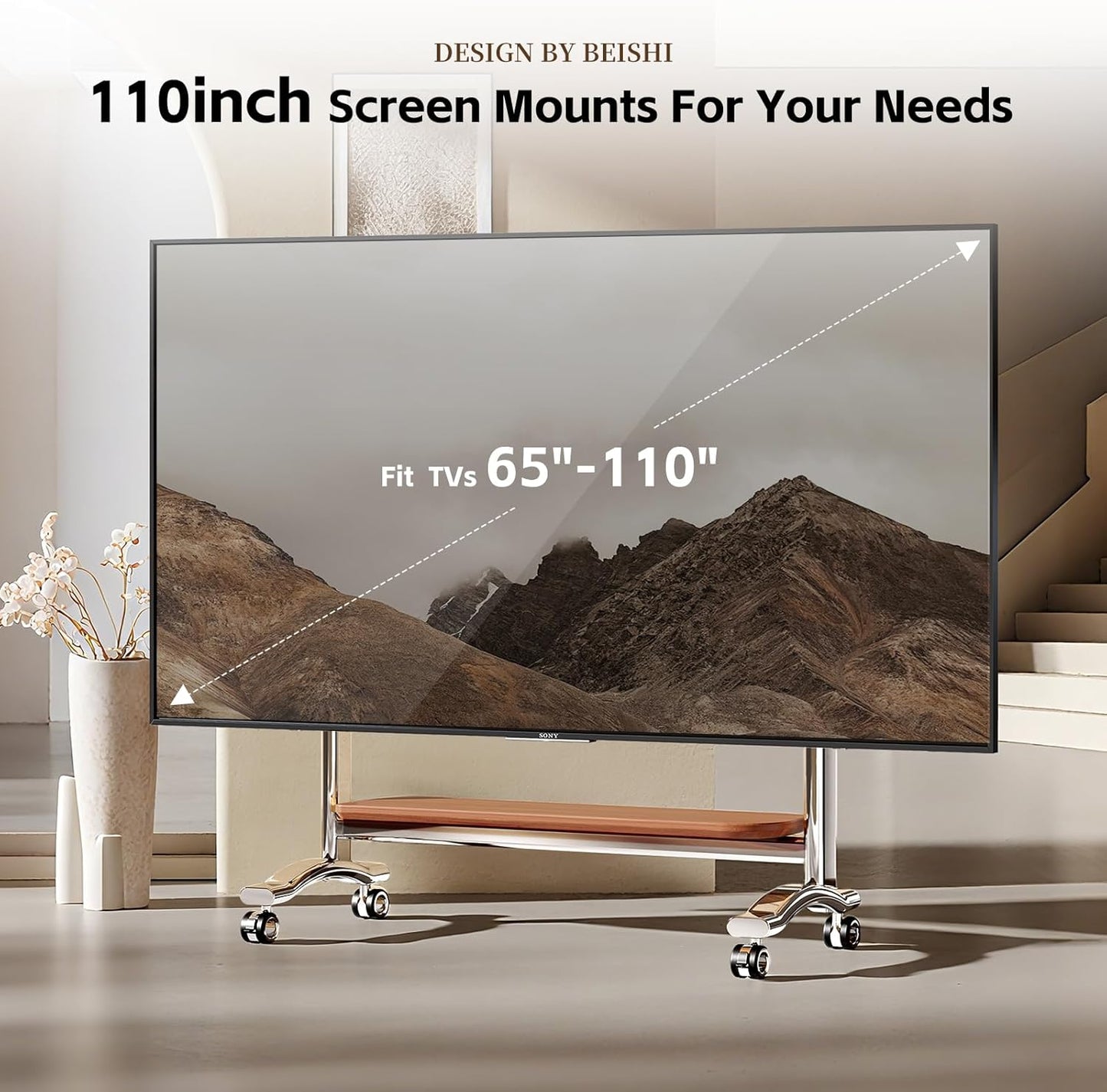 Stainless Steel Art Rolling TV Cart, Mobile TV Stand for 65-110inch TVs, Heavy Duty TV Stand with Wood Shelf&Large Storage Pegboard 220 lb. Load Capacity, Max VESA 1200x600mm (Style 1)