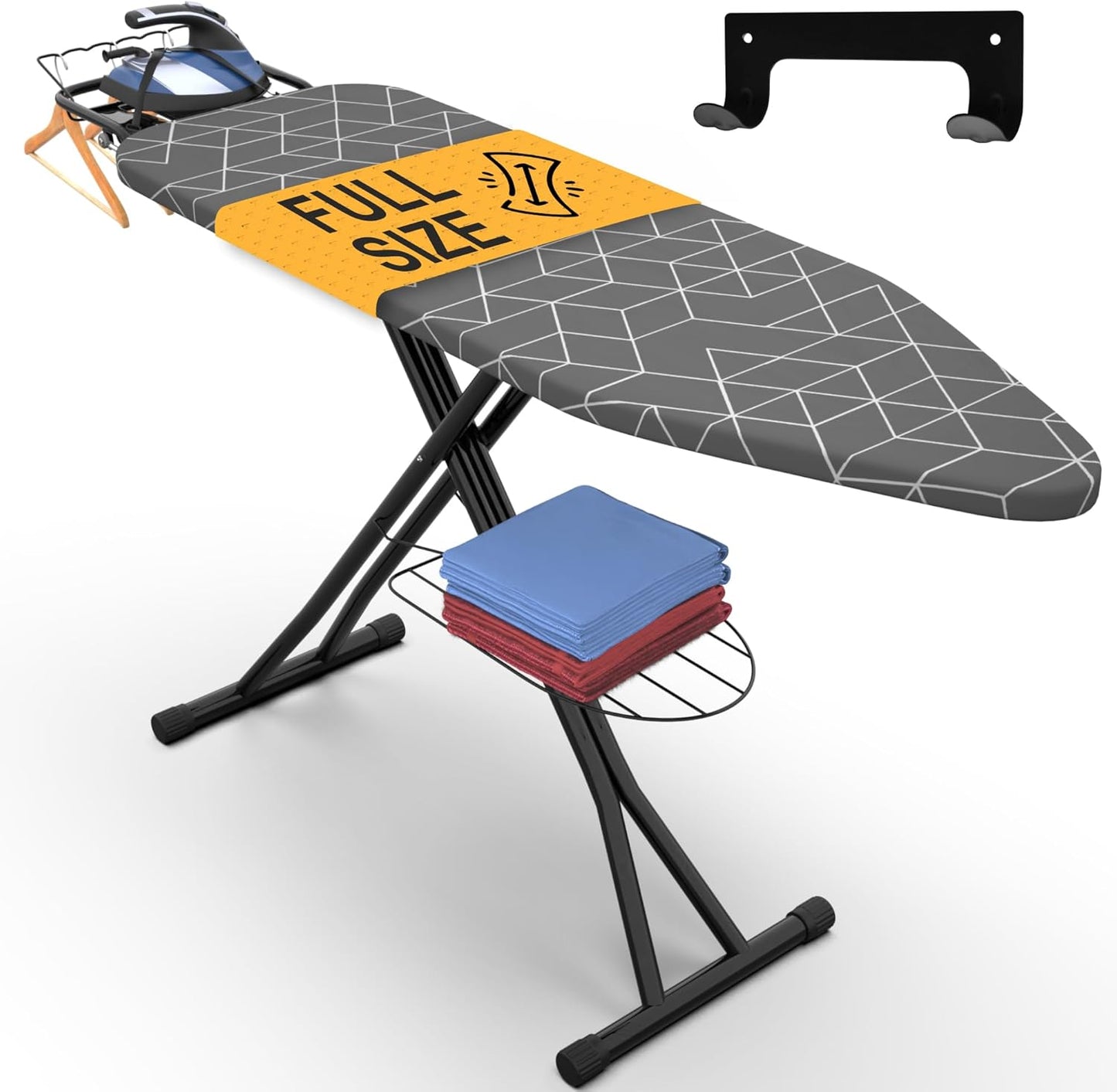 Xabitat Full Size Ironing Board 57" X 15" with Wall Mount Hanger, Full Metal Construction Iron Board, Built in Iron Caddy, Heat & Scorch Resistant Fabric, Cord Holder, Anti-Skid Feet, Heavy Duty