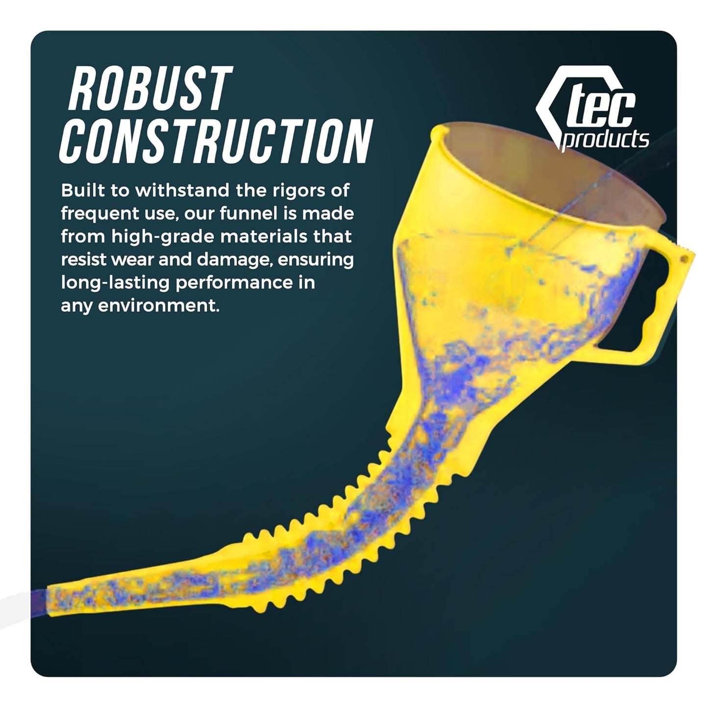 TEC Products FlexAll Long Flexible Funnel for Automotive Use - Durable Nitrile Rubber - Ideal for Car Oil Change, Transmission Funnel Fluid, Diesel, Fuel, Gas - Made in USA - Yellow (16 x 5 Inches)