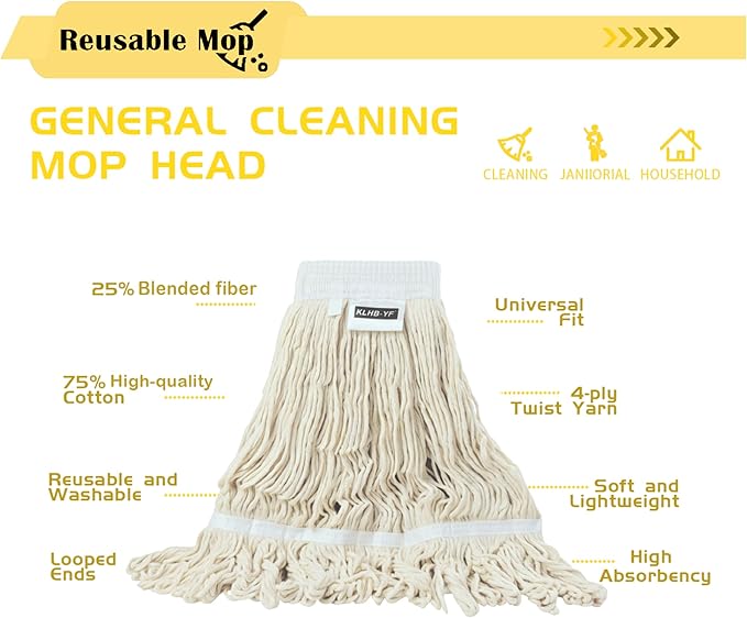 Mop Head Replacement,Commercial Mop Heads,Cotton Washable Industrial Mop Head,6 Inch Heavy Duty Mop Heads,Wet Industrial Cleaning Mop Head for Home,Industrial and Commercial Use Clean（White）