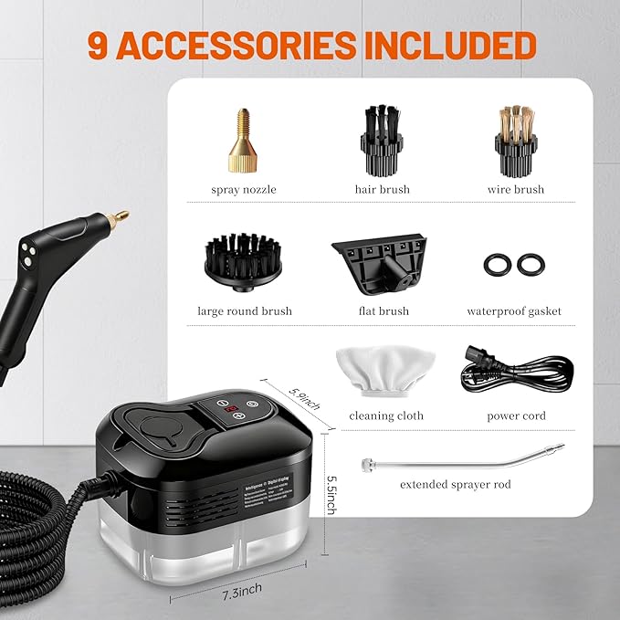 Pressurized Handheld Steam Cleaner, Portable Steamer for Cleaning with 1.2L Large Tank, 15s Fast Heat-Up, 6-Level Adjustable, Powerful Steam Cleaner for Home, Car, Kitchen, Tile, Grout(Black)