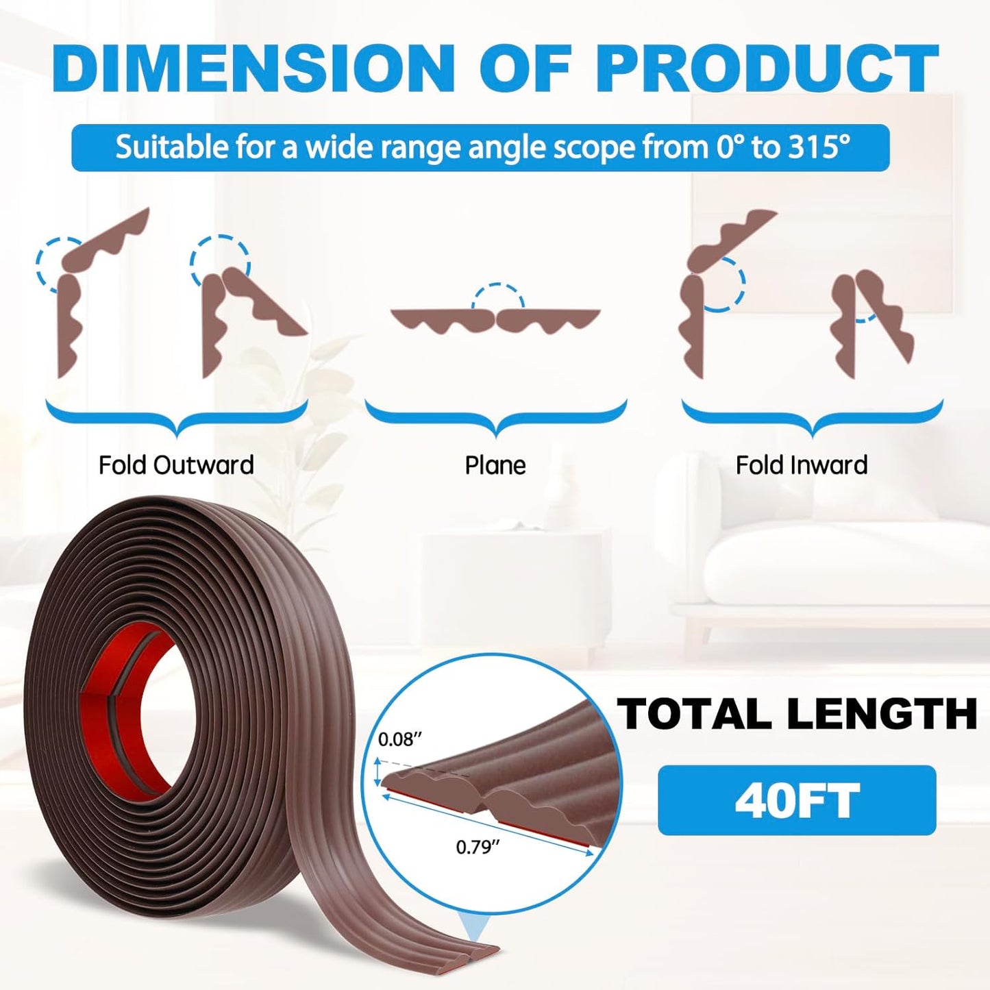 Wall Corner Protector Peel and Stick Corner Trim Molding Flexible Inside & Outside Wall Edge Guard Self Adhesive Moulding Trim for Edge Use, Brown, 0.8” W x 40’ L