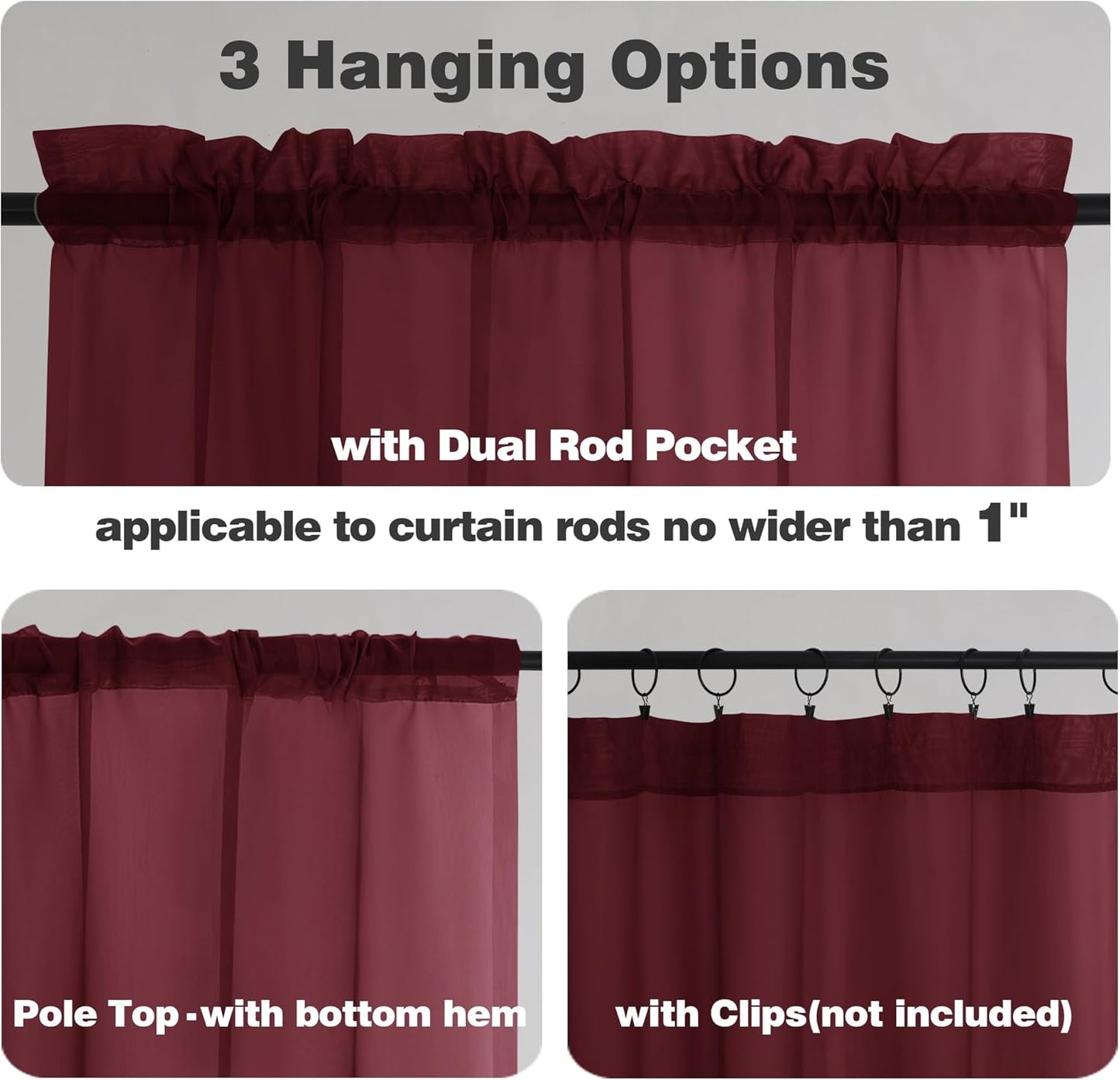 Chyhomenyc Sheer Curtains 36 Inch Length, Short Voile Sheer Window Curtians for Small Window Bathroom Cafe Living Room Farmhouse, 2PCS, 42W x 36L inches, Rod Pocket, Burgundy