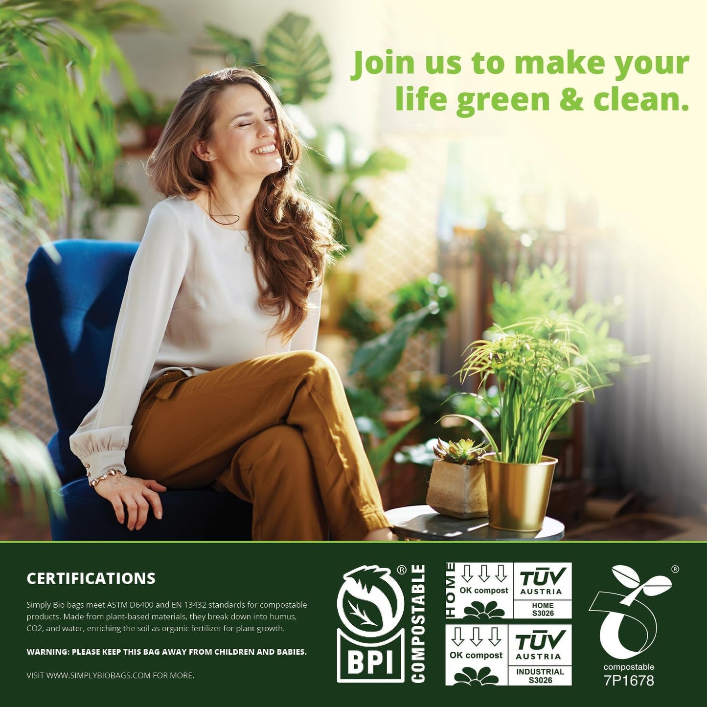 Simply Bio 13 Gallon Compostable Trash Bags Liners with Flat-Top, Thick 0.87 Mil, 49.21 Liter, 50 Bags, Tall Kitchen Food Scrap Waste Bag, ASTM D6400, US BPI and OK Compost Home Certified