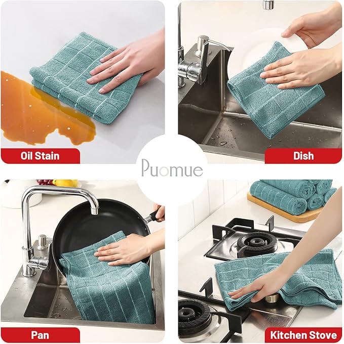 Microfiber Kitchen Towels and Dishcloths Set, 26 X 18 Inch and 12 X 12 Inch, Set of 12 Bulk Lint Free Dish Towels for Drying Dishes, Lake Blue